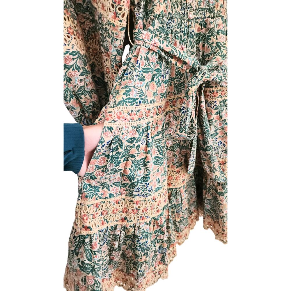 Ulla Johnson Dress Floral Cotton Mini Long Sleeve Green Pink Boho Ardith Sz 8 - Picture 8 of 14
